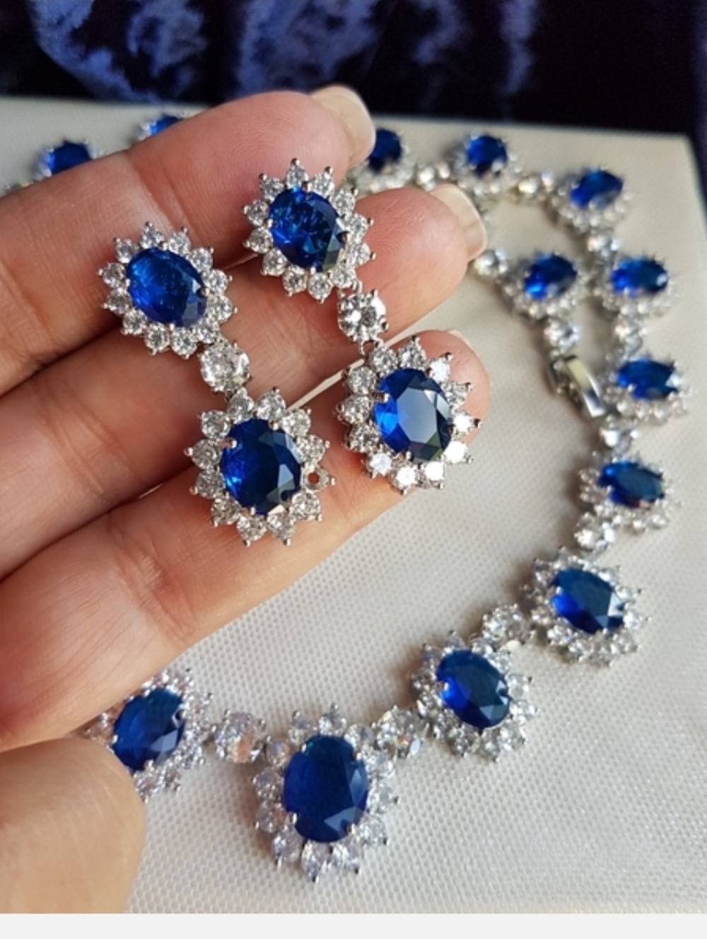 Swarovski Elements Platinum Plated Sapphire Blue Diana Drop Earrings NEW - Picture 5 of 17